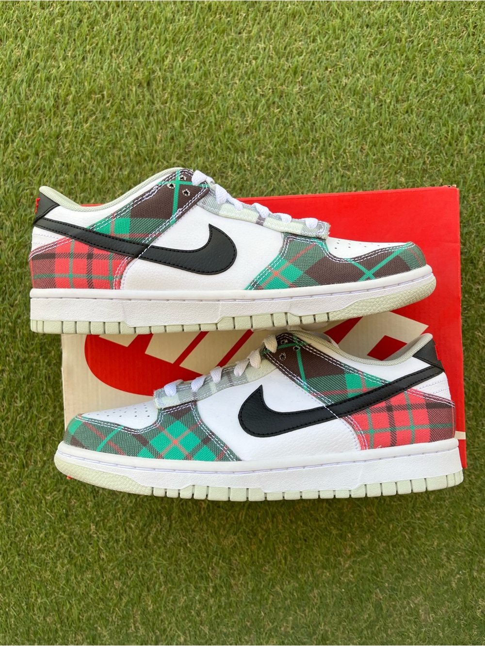 Nike Dunk Low White with Green, Red & Black Plaid Accents